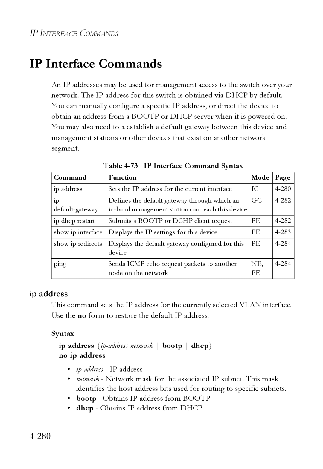 SMC Networks SMC6824M manual IP Interface Commands, 280, Ip address, IP Interface Command Syntax 