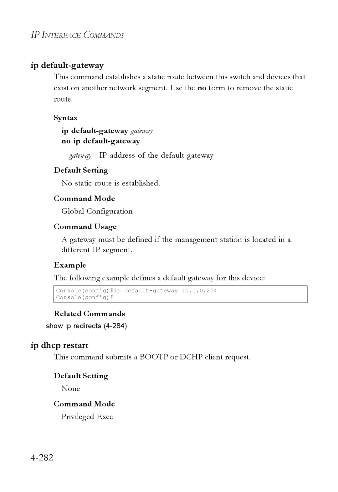 SMC Networks SMC6824M manual 282, Ip dhcp restart, Syntax Ip default-gateway gateway no ip default-gateway 