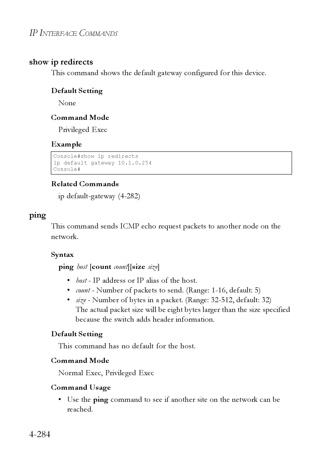 SMC Networks SMC6824M manual 284, Show ip redirects, Syntax Ping host count countsize size 