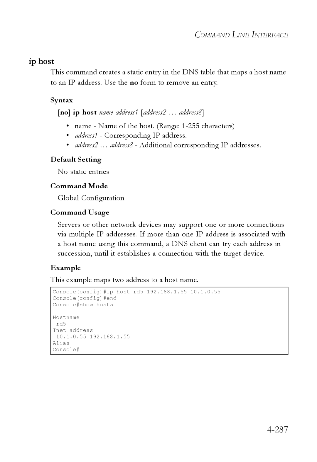 SMC Networks SMC6824M manual 287, Ip host, No static entries, This example maps two address to a host name 