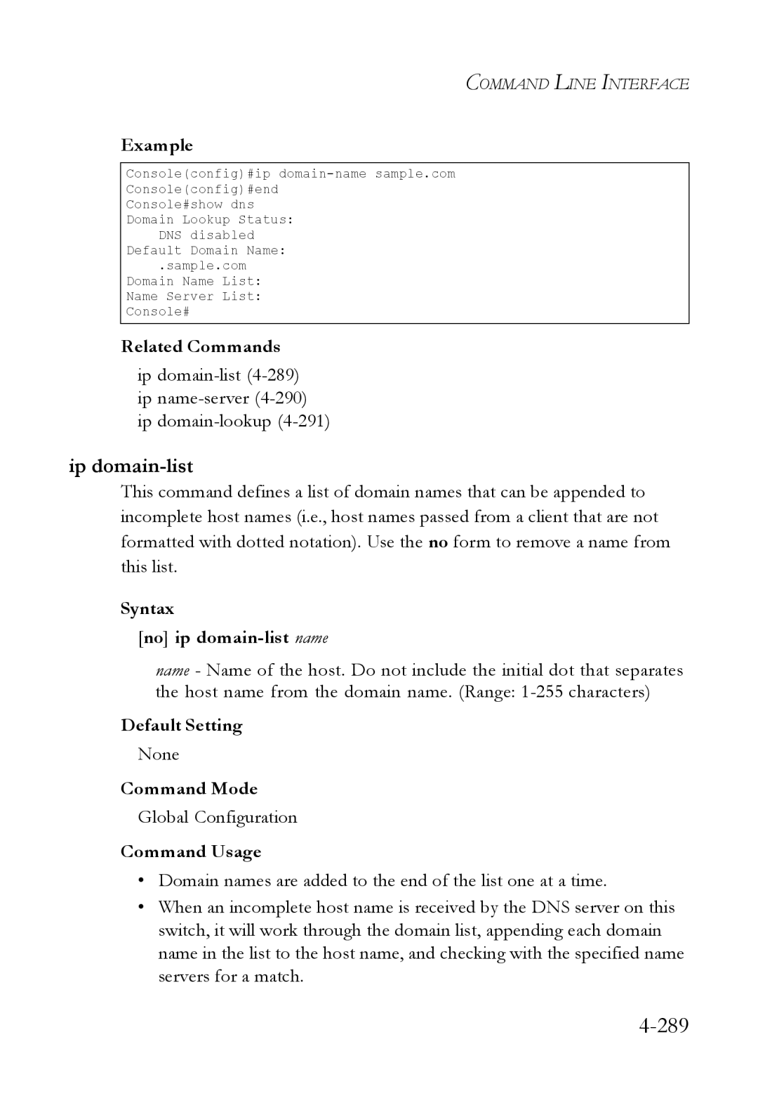 SMC Networks SMC6824M manual 289, Ip domain-list, Syntax No ip domain-list name 