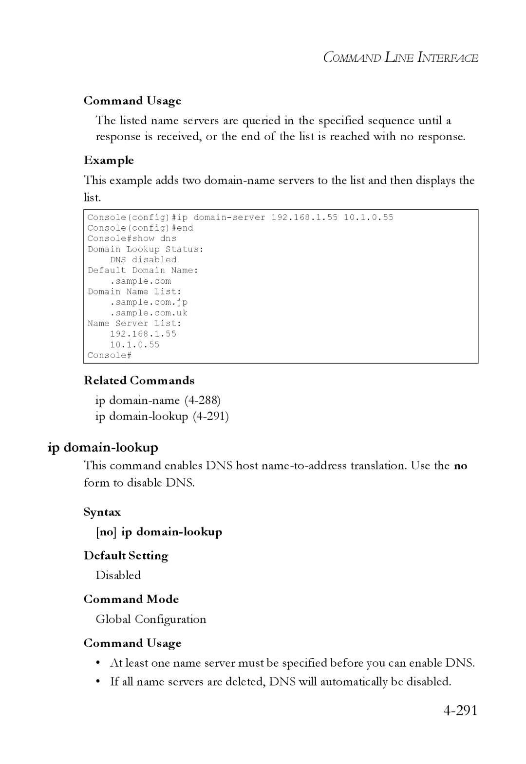 SMC Networks SMC6824M manual Ip domain-lookup, Ip domain-name4-288 ip domain-lookup4-291 