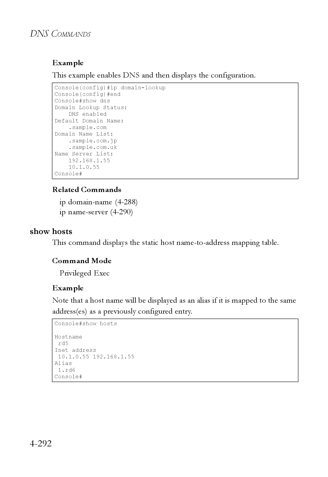 SMC Networks SMC6824M manual 292, Show hosts, Ip domain-name4-288 ip name-server4-290 