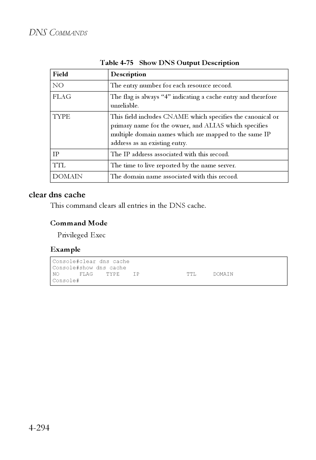 SMC Networks SMC6824M 294, Clear dns cache, Show DNS Output Description, This command clears all entries in the DNS cache 