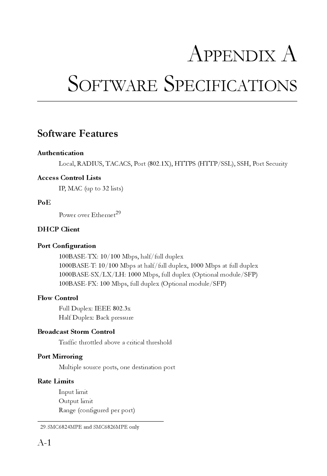 SMC Networks SMC6824M Authentication, Access Control Lists, PoE, Dhcp Client Port Configuration, Flow Control, Rate Limits 