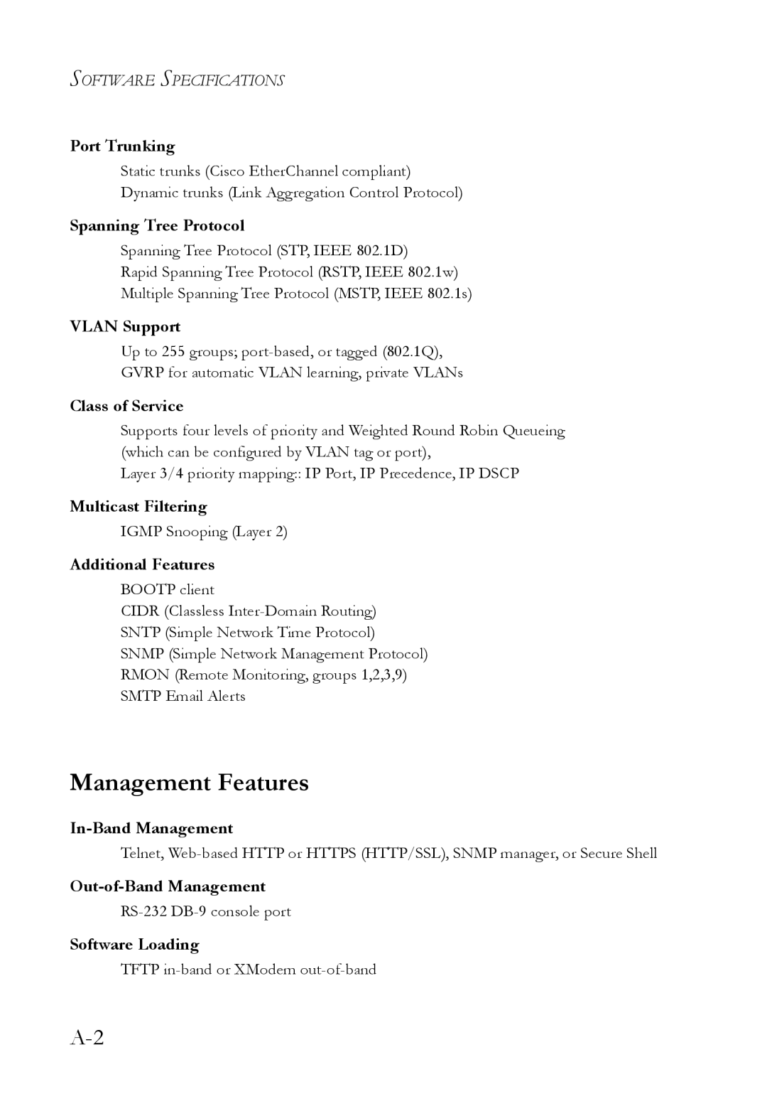 SMC Networks SMC6824M manual Port Trunking, Spanning Tree Protocol, Vlan Support, Class of Service, Multicast Filtering 