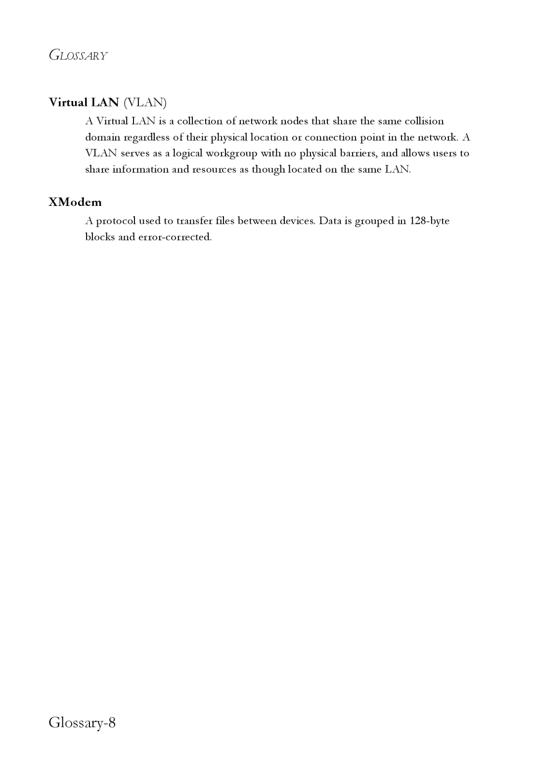 SMC Networks SMC6824M manual Glossary-8, Virtual LAN Vlan, XModem 