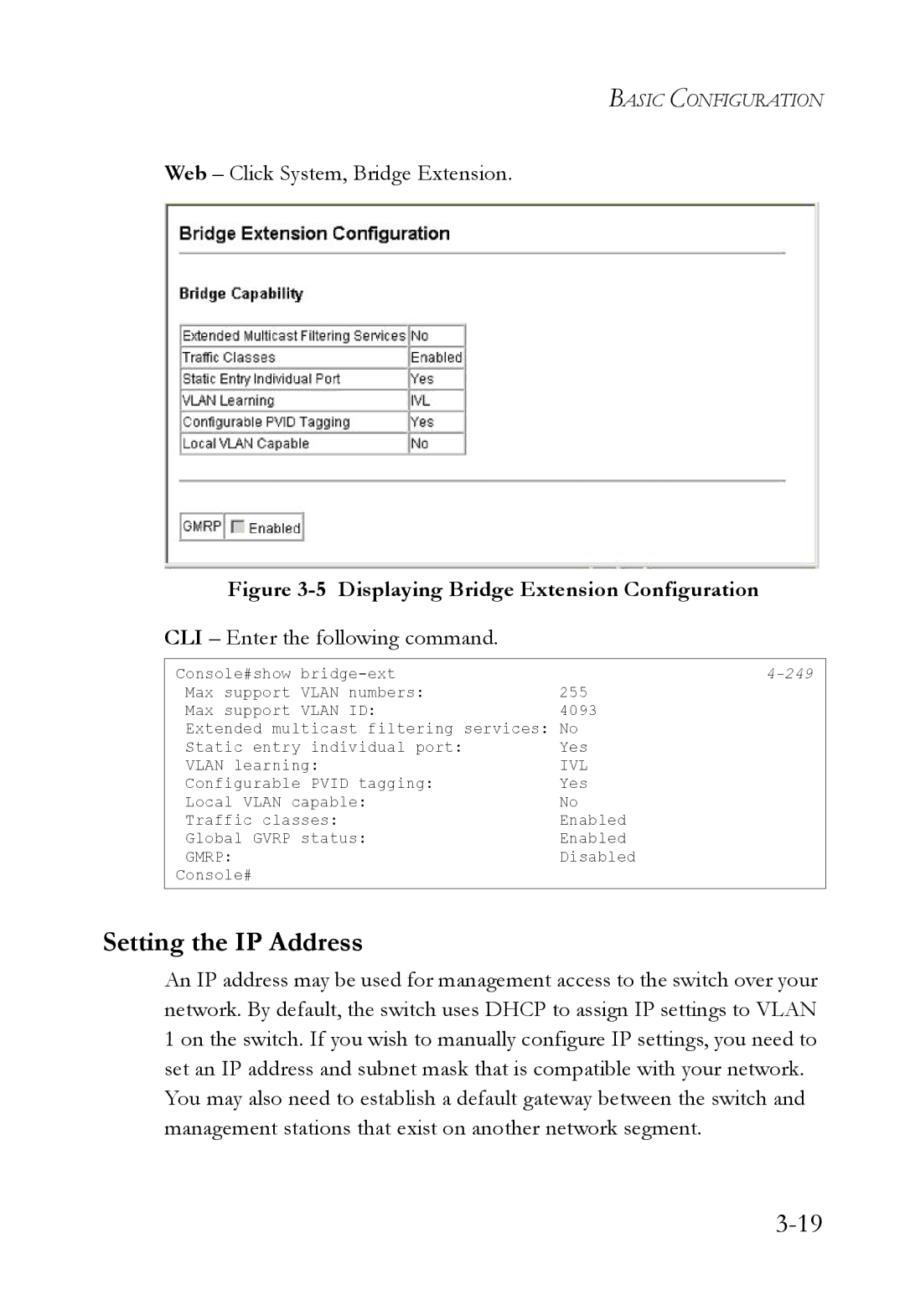 SMC Networks SMC6824M manual Setting the IP Address, Web Click System, Bridge Extension, CLI Enter the following command 