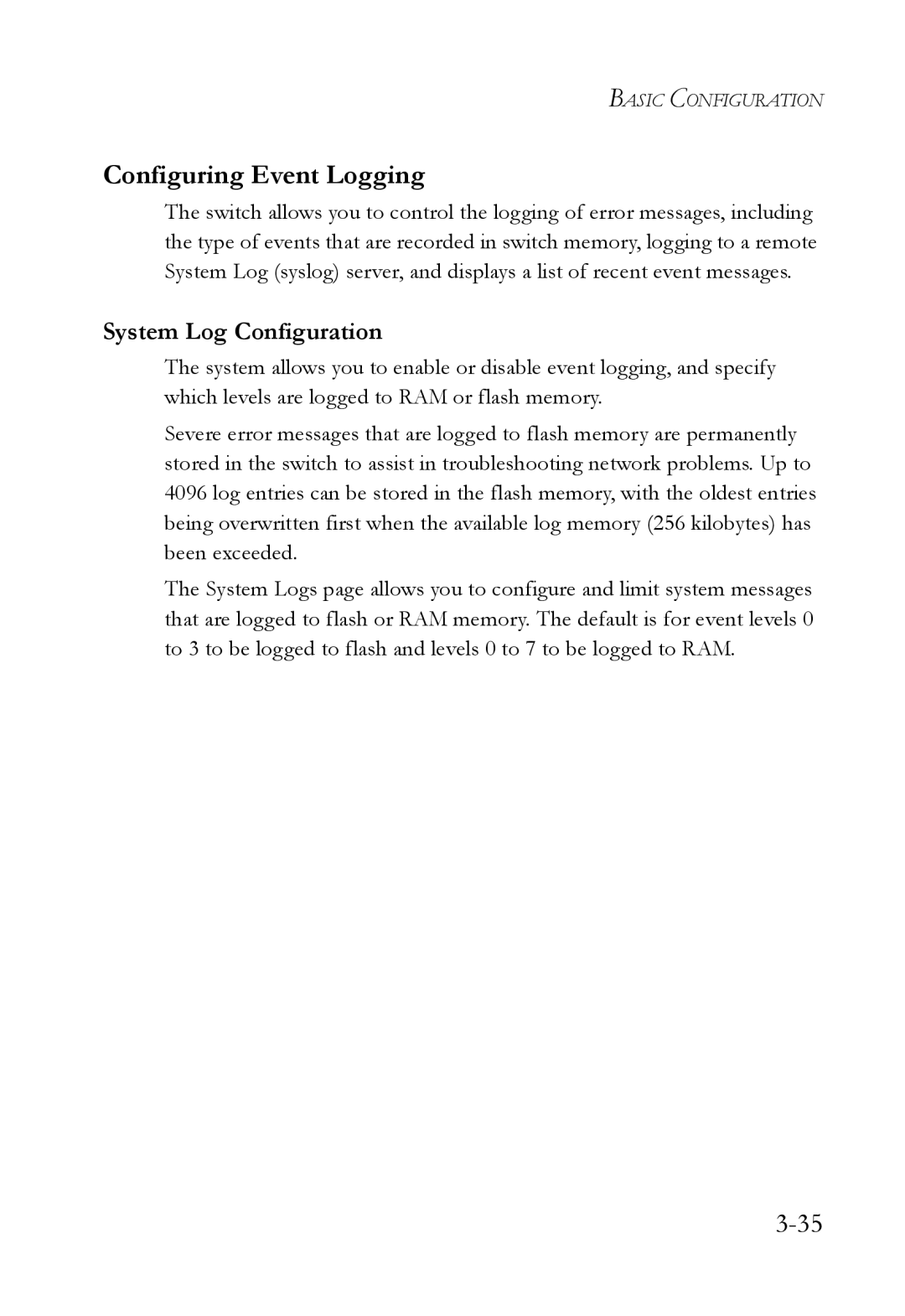 SMC Networks SMC6824M manual Configuring Event Logging, System Log Configuration 