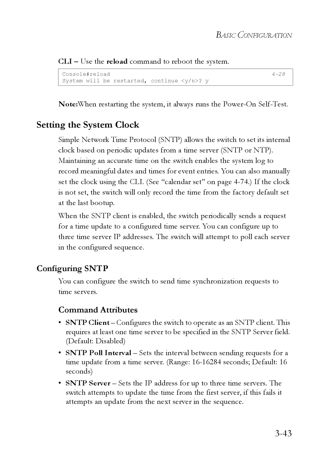 SMC Networks SMC6824M manual Setting the System Clock, Configuring Sntp, CLI Use the reload command to reboot the system 