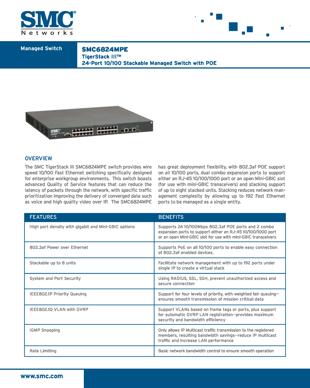 SMC Networks SMC6824MPE manual TigerStack, Port 10/100 Stackable Managed Switch with POE, Overview, Features, Benefits 