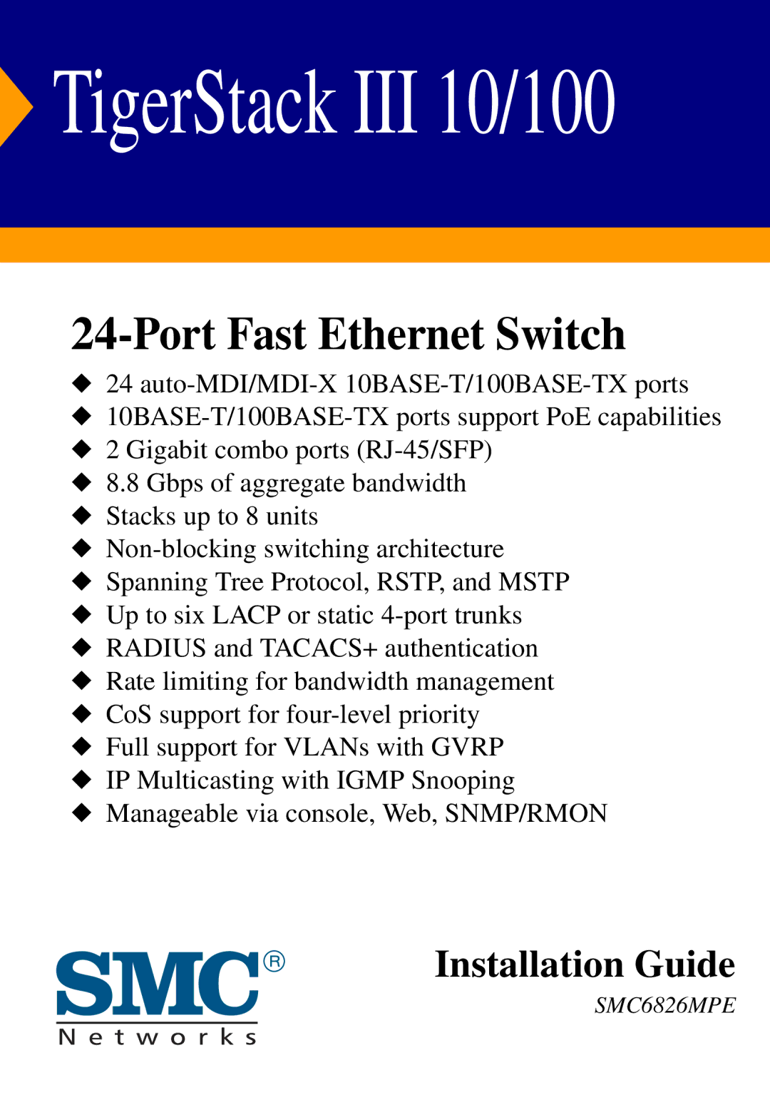 SMC Networks SMC6826MPE manual TigerStack III 10/100 