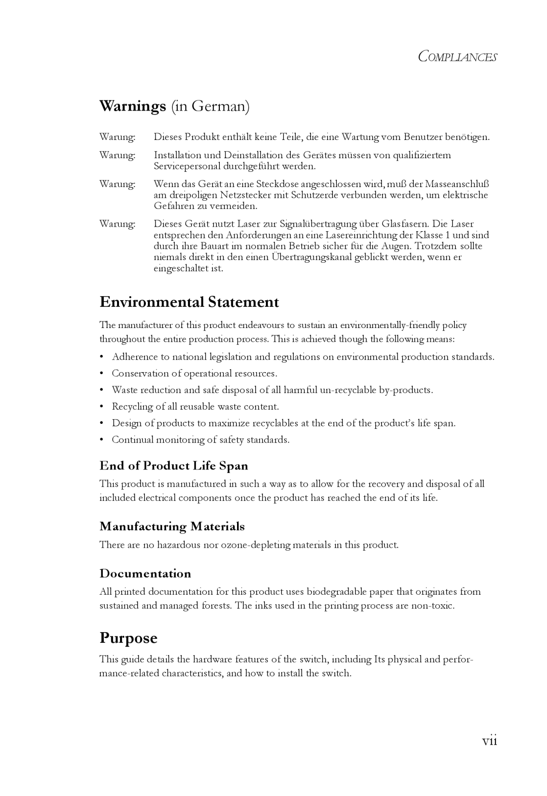 SMC Networks SMC6826MPE manual Environmental Statement, Purpose, Vii 