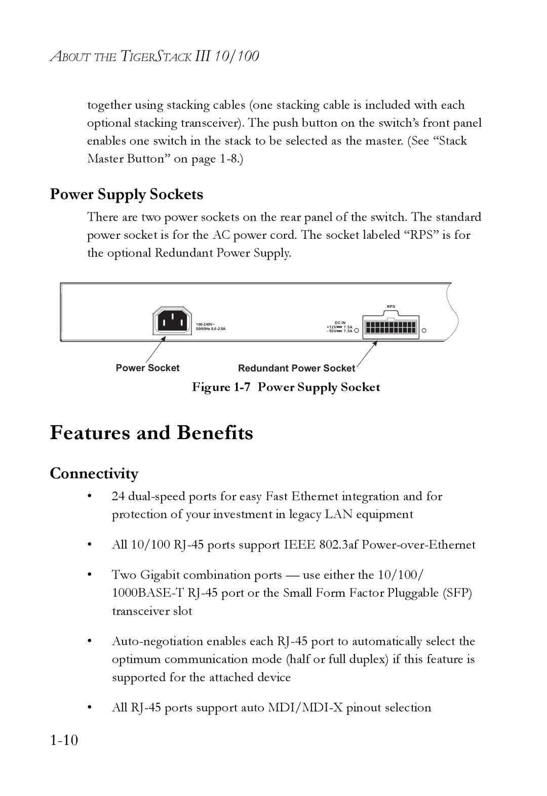 SMC Networks SMC6826MPE manual Features and Benefits, Power Supply Sockets, Connectivity 