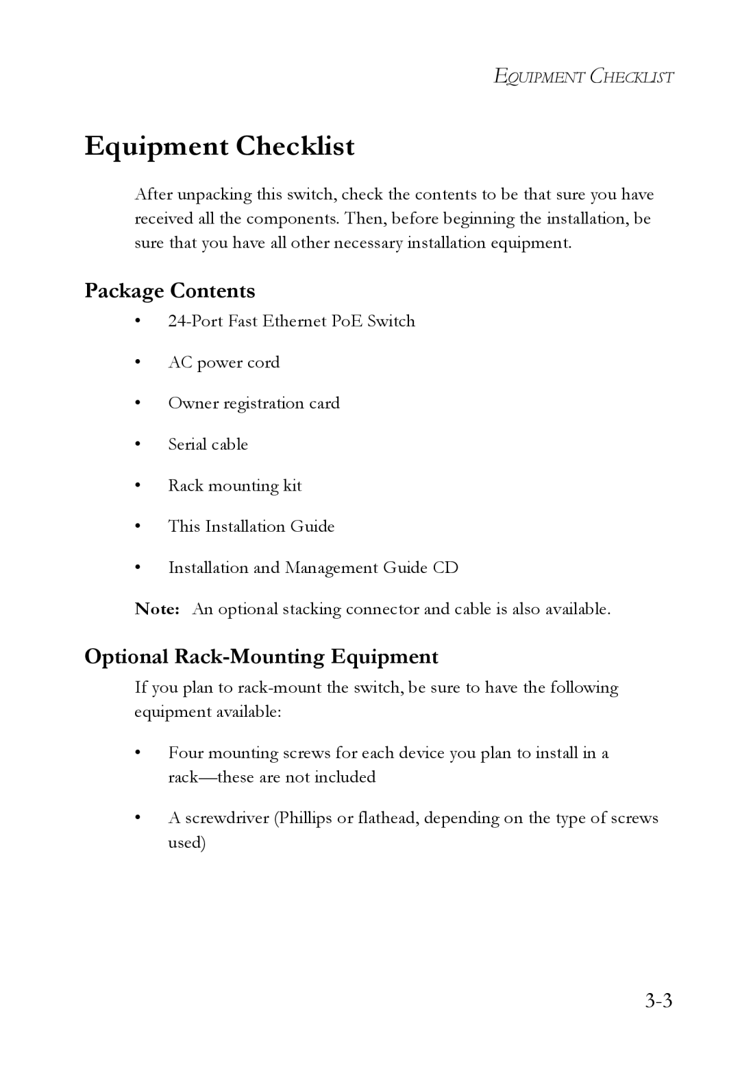 SMC Networks SMC6826MPE manual Equipment Checklist, Package Contents, Optional Rack-Mounting Equipment 