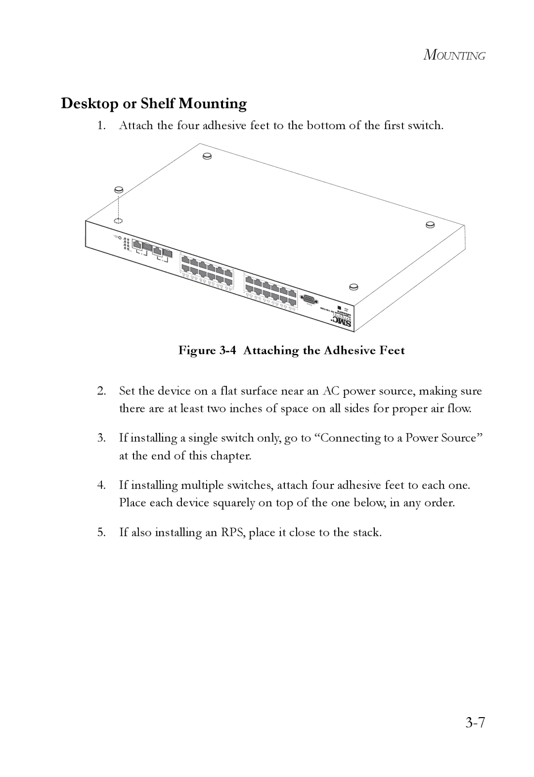 SMC Networks SMC6826MPE manual Desktop or Shelf Mounting, Attaching the Adhesive Feet 