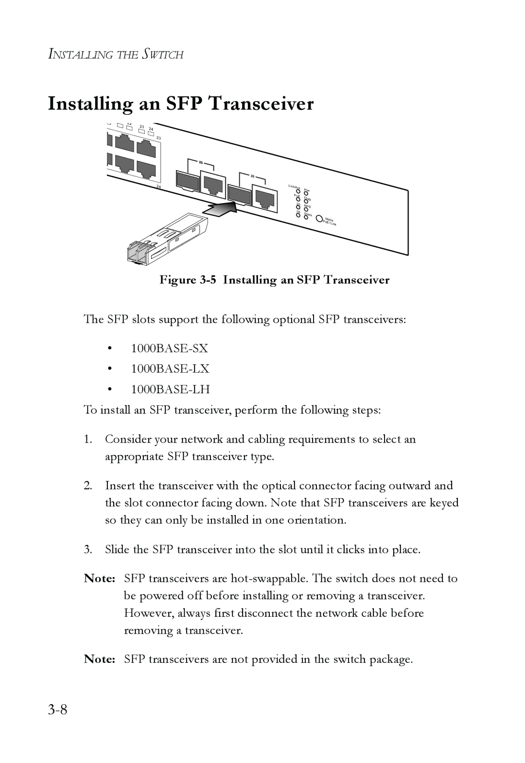 SMC Networks SMC6826MPE manual Installing an SFP Transceiver 