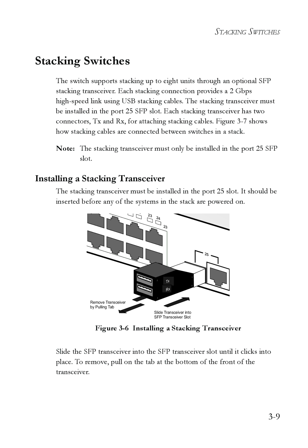 SMC Networks SMC6826MPE manual Stacking Switches, Installing a Stacking Transceiver 