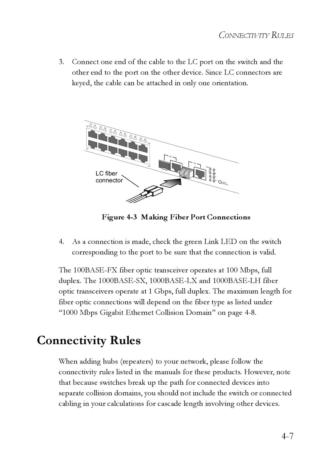 SMC Networks SMC6826MPE manual Connectivity Rules, Making Fiber Port Connections 