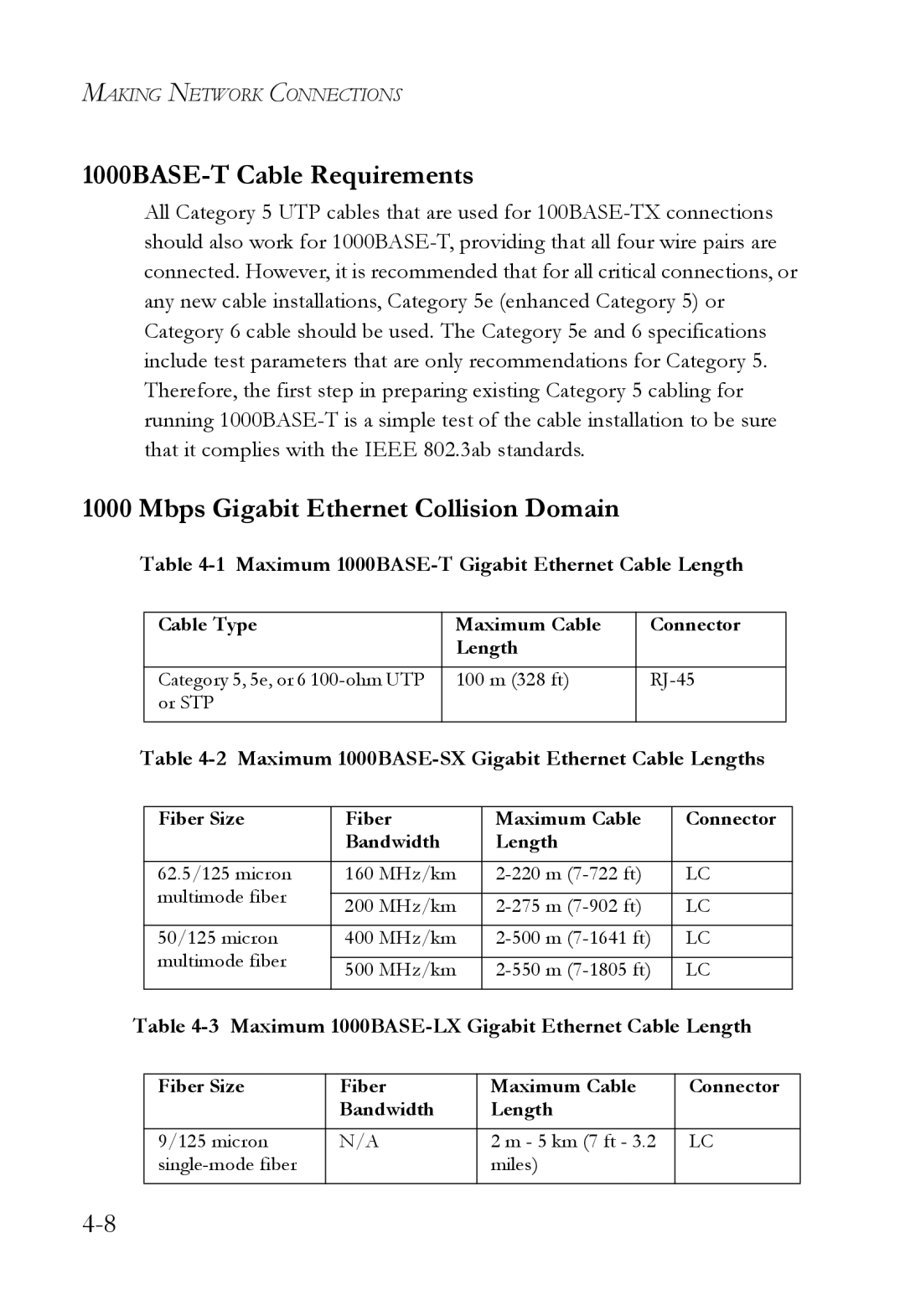 SMC Networks SMC6826MPE manual 1000BASE-T Cable Requirements, Mbps Gigabit Ethernet Collision Domain 