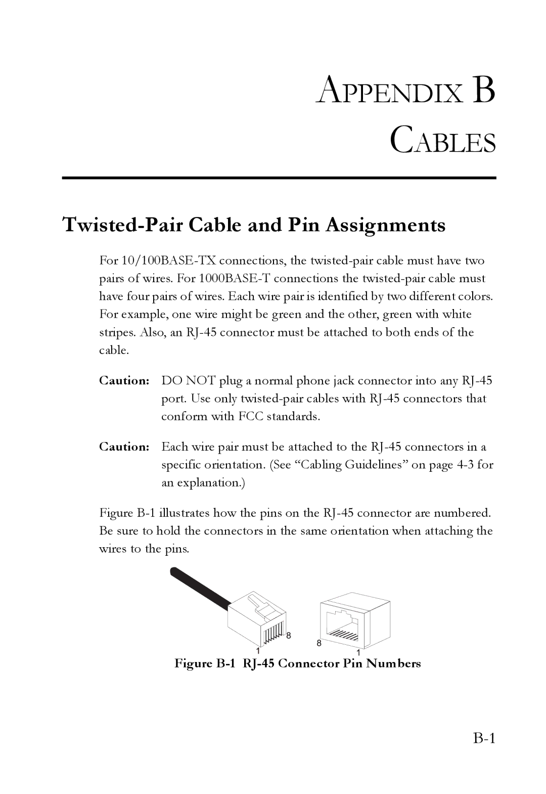 SMC Networks SMC6826MPE manual Appendix B Cables, Twisted-Pair Cable and Pin Assignments 