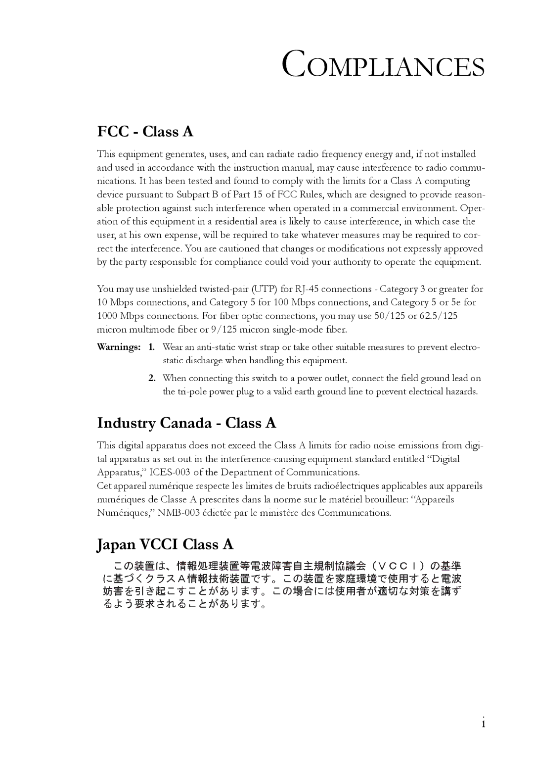 SMC Networks SMC6826MPE manual Compliances, FCC Class a, Industry Canada Class a, Japan Vcci Class a 