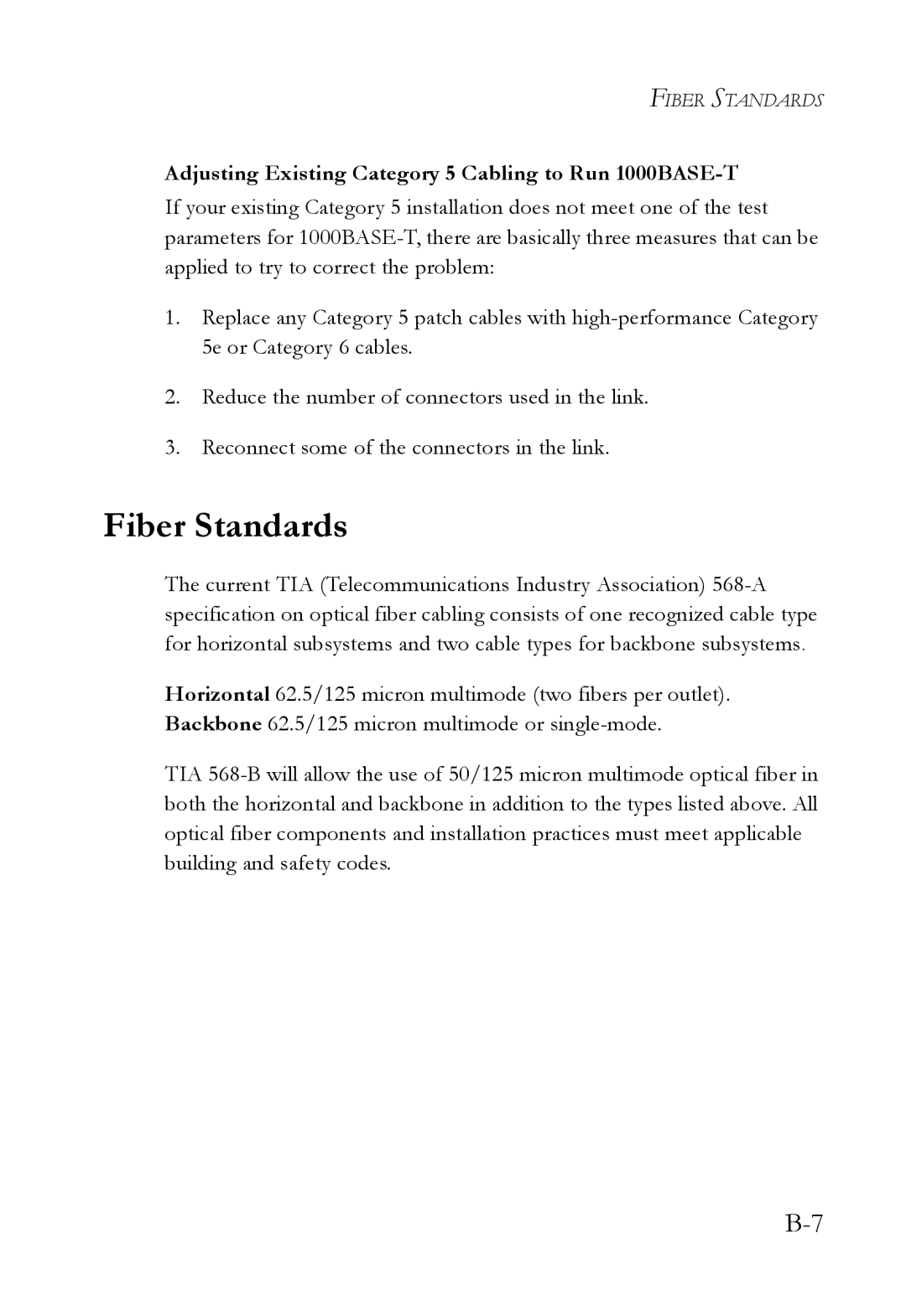 SMC Networks SMC6826MPE manual Fiber Standards, Adjusting Existing Category 5 Cabling to Run 1000BASE-T 