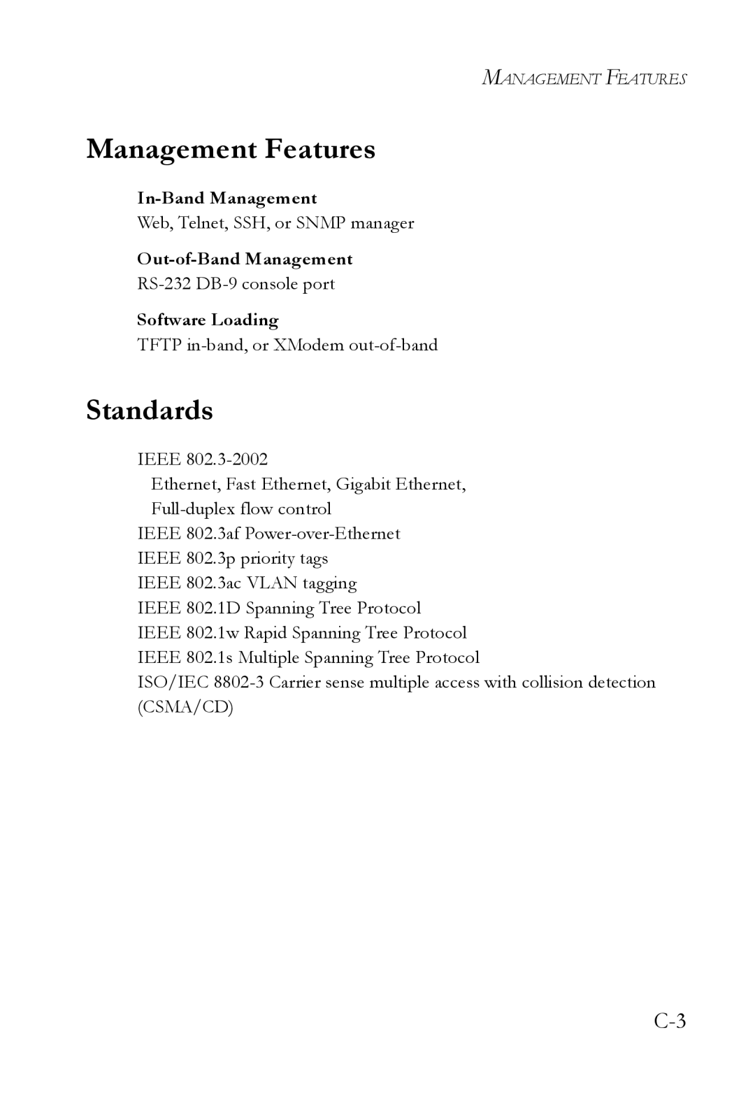 SMC Networks SMC6826MPE manual Management Features, Standards, In-Band Management, Out-of-Band Management, Software Loading 