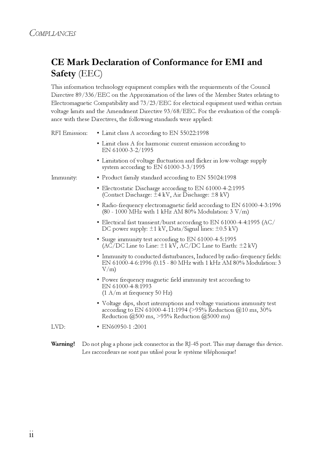 SMC Networks SMC6826MPE manual CE Mark Declaration of Conformance for EMI and Safety EEC 