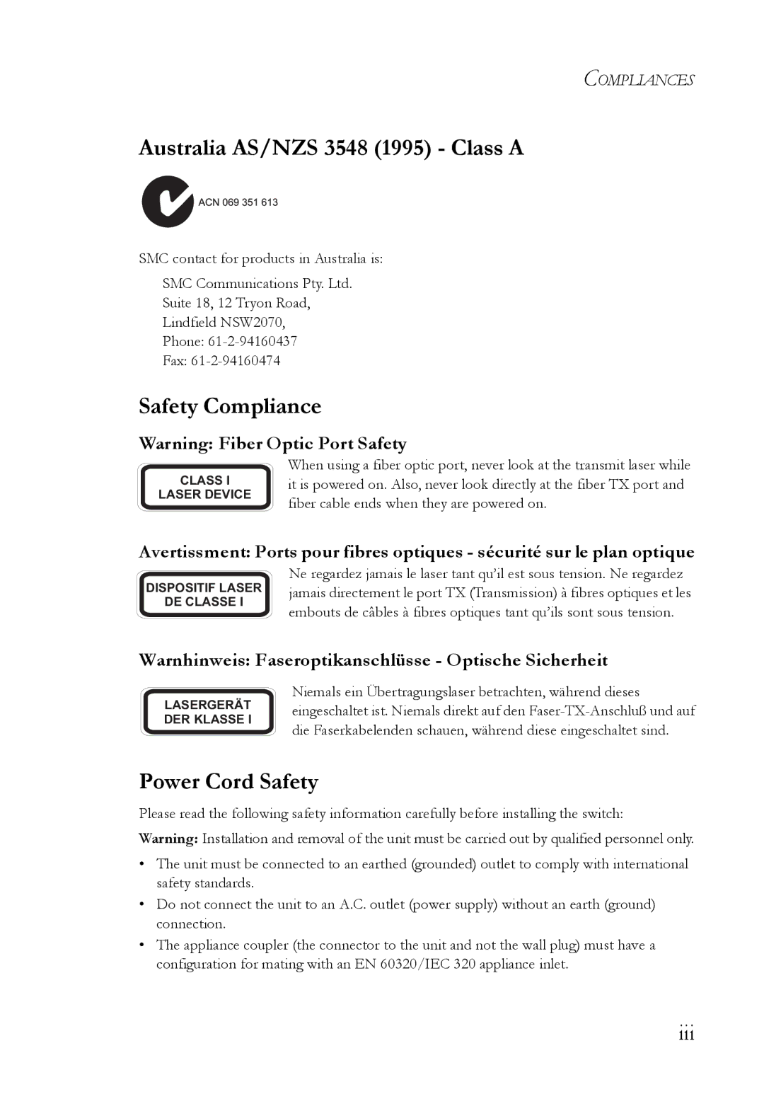 SMC Networks SMC6826MPE manual Australia AS/NZS 3548 1995 Class a, Safety Compliance, Power Cord Safety, Iii 