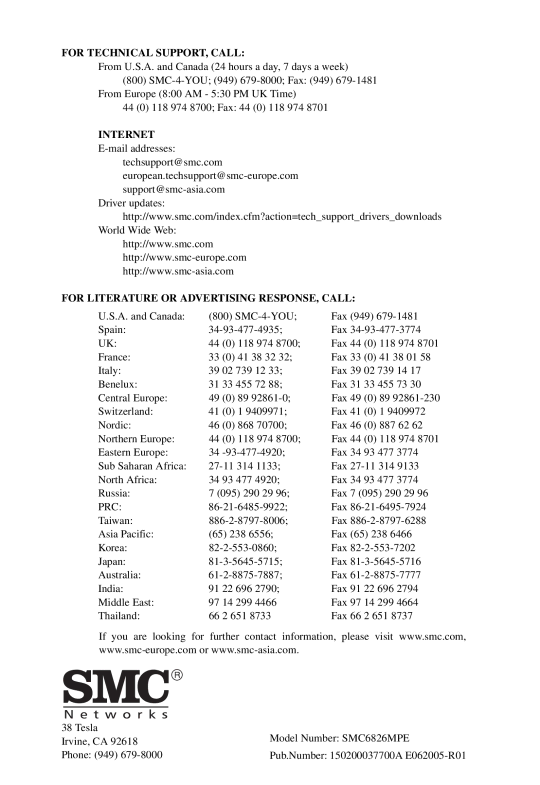 SMC Networks SMC6826MPE manual For Technical SUPPORT, Call 