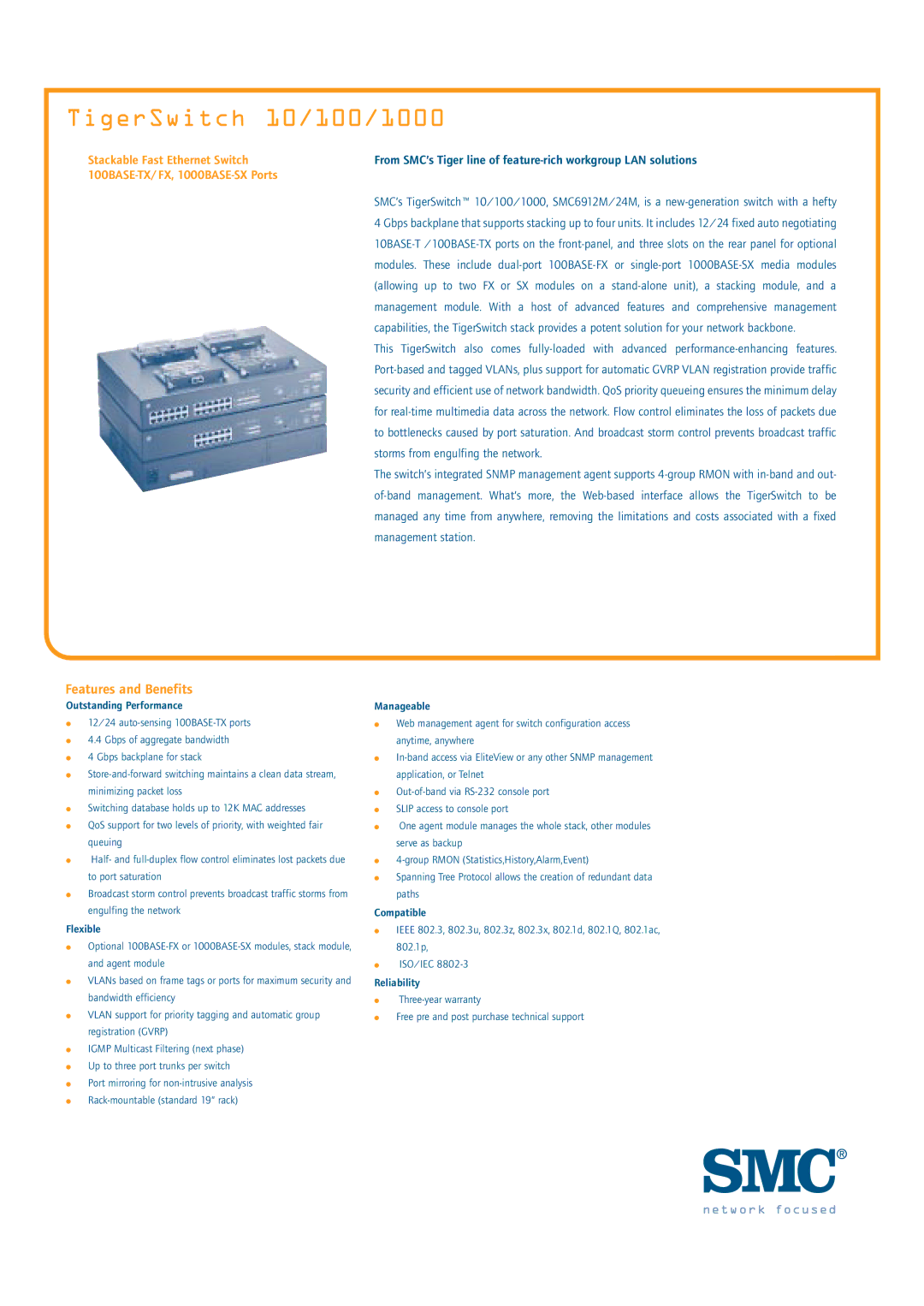 SMC Networks SMC6912M, SMC6924M, SMC6900FSC, SMC6900G, SMC6900FST warranty TigerSwitch 10/100/1000, Features and Benefits 