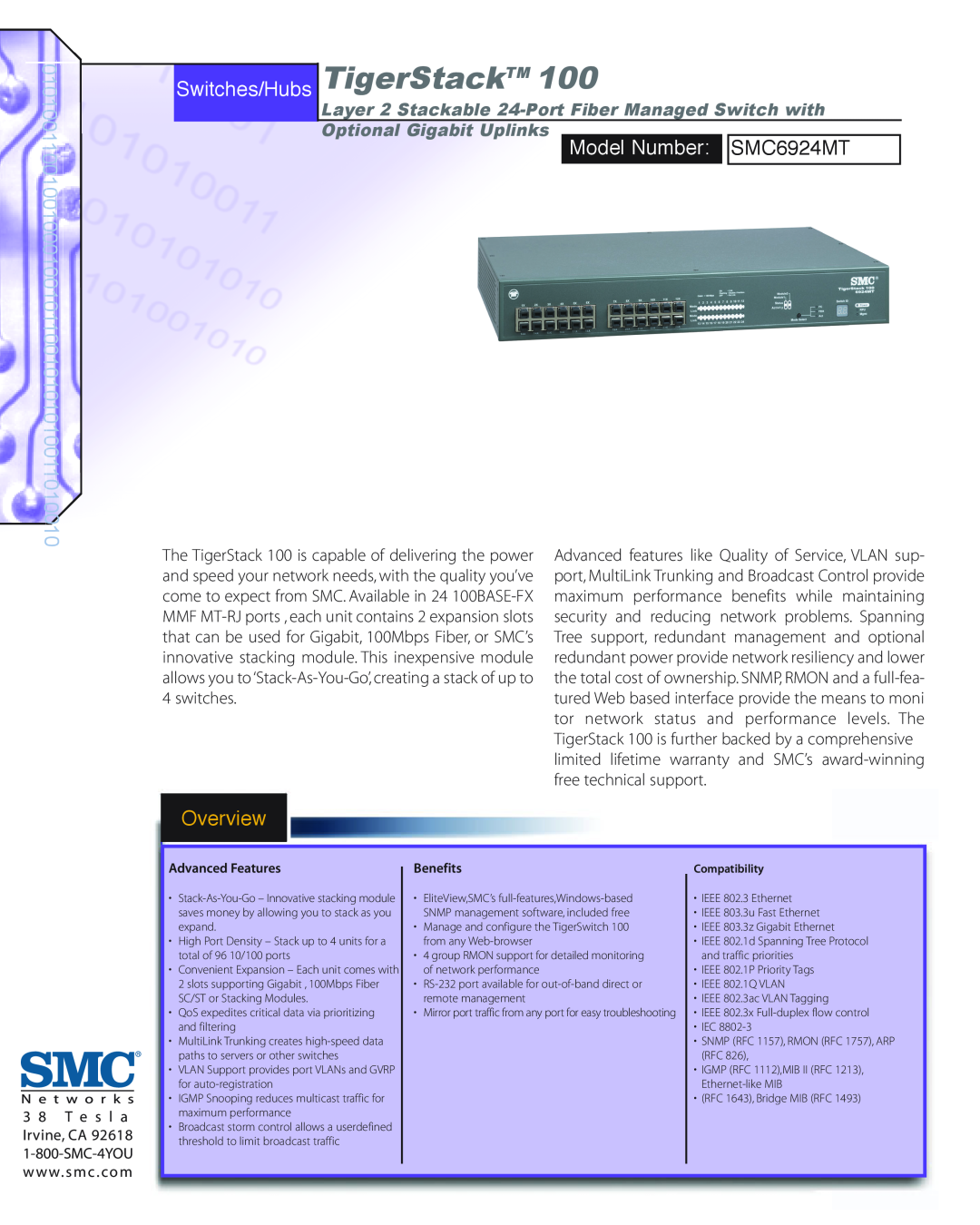 SMC Networks SMC6924MT warranty Layer 2 Stackable 24-Port Fiber Managed Switch with, Optional Gigabit Uplinks, Overview 