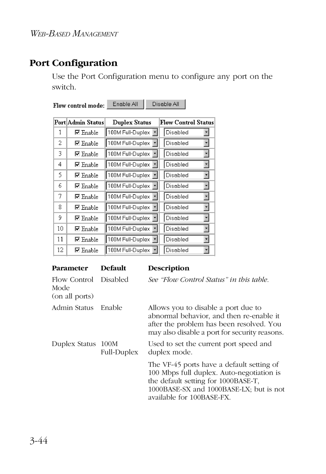 SMC Networks SMC6924VF manual Port Configuration, See Flow Control Status in this table 