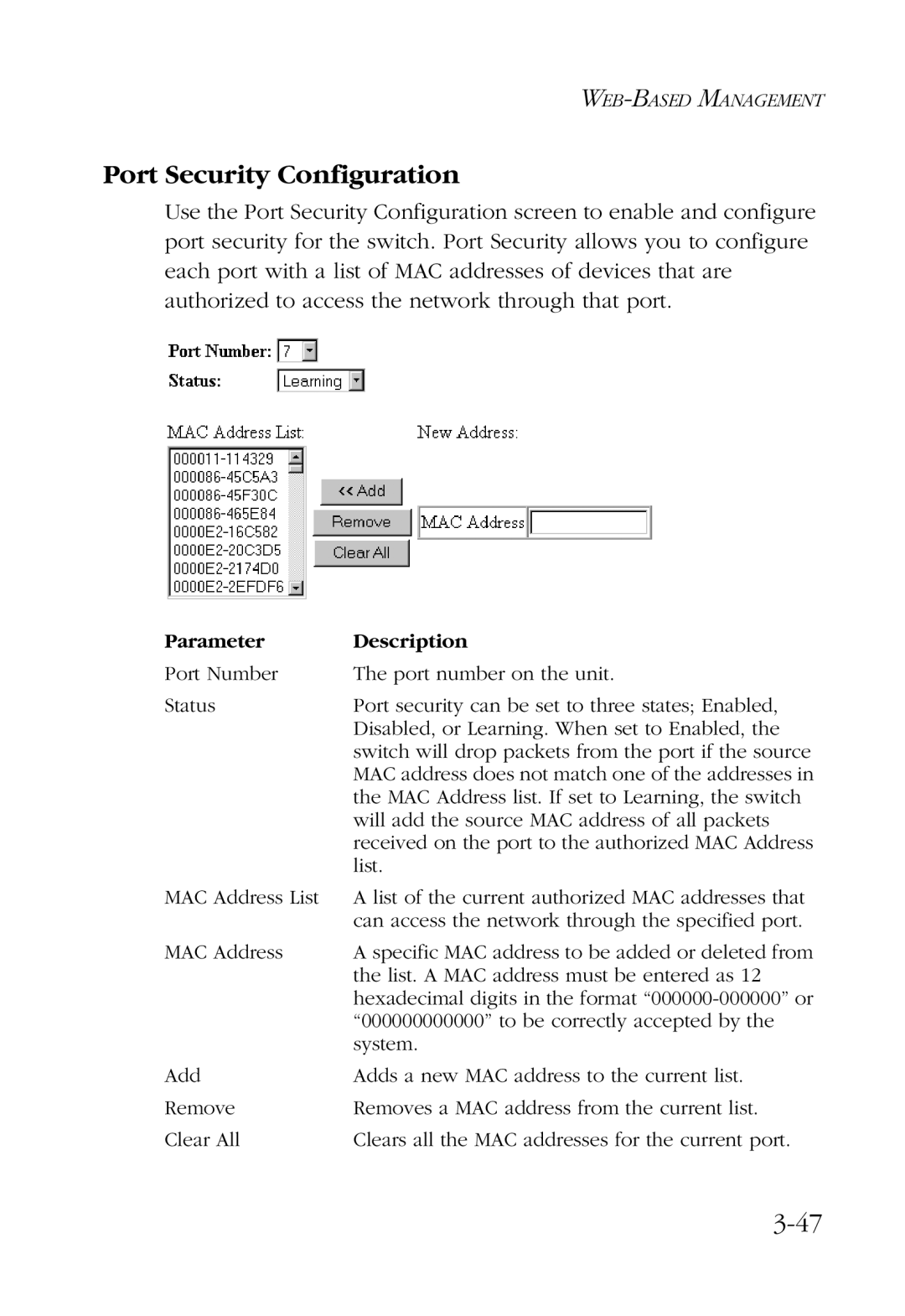 SMC Networks SMC6924VF manual Port Security Configuration 