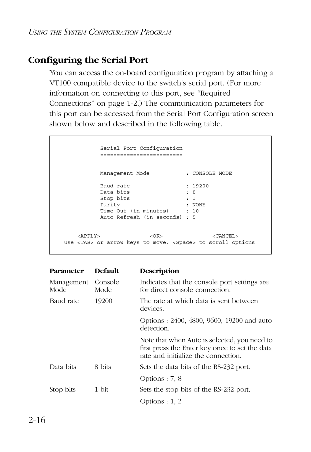 SMC Networks SMC6924VF manual Configuring the Serial Port, Parameter Default Description 