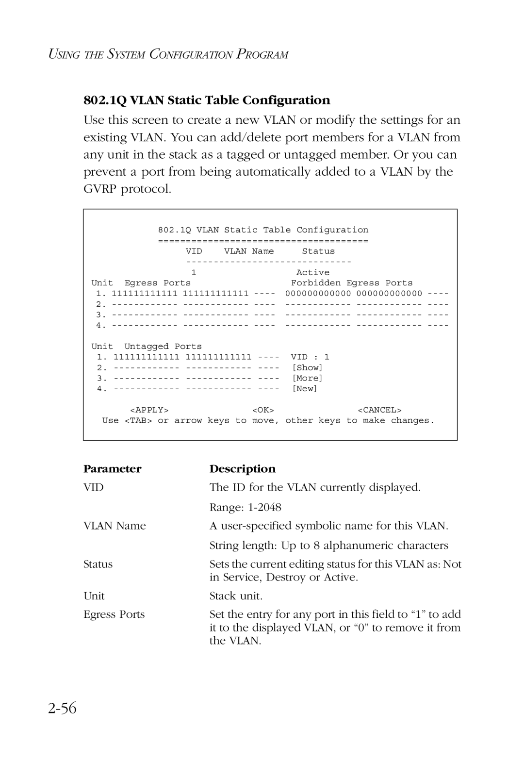 SMC Networks SMC6924VF manual 802.1Q Vlan Static Table Configuration 