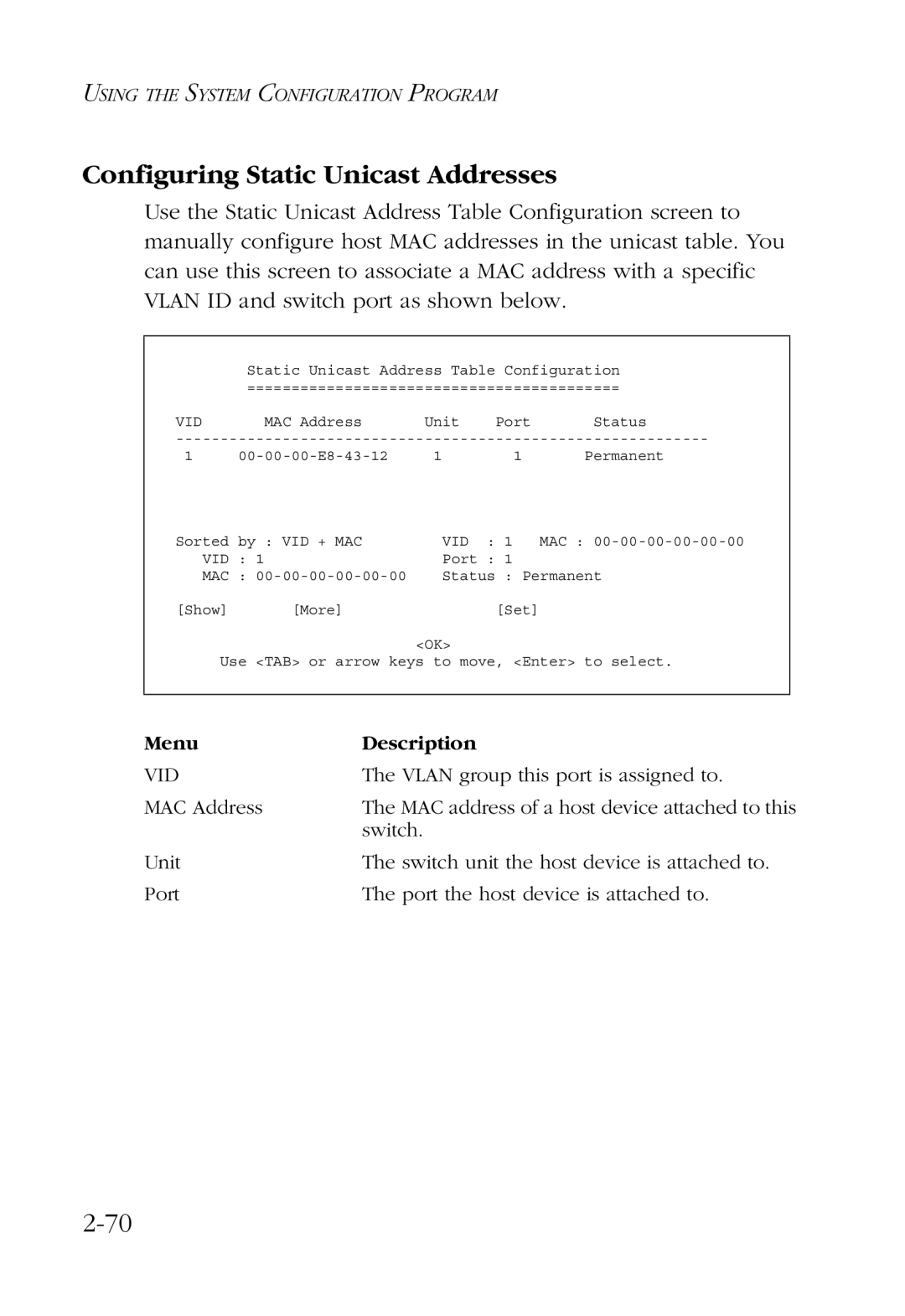 SMC Networks SMC6924VF manual Configuring Static Unicast Addresses 