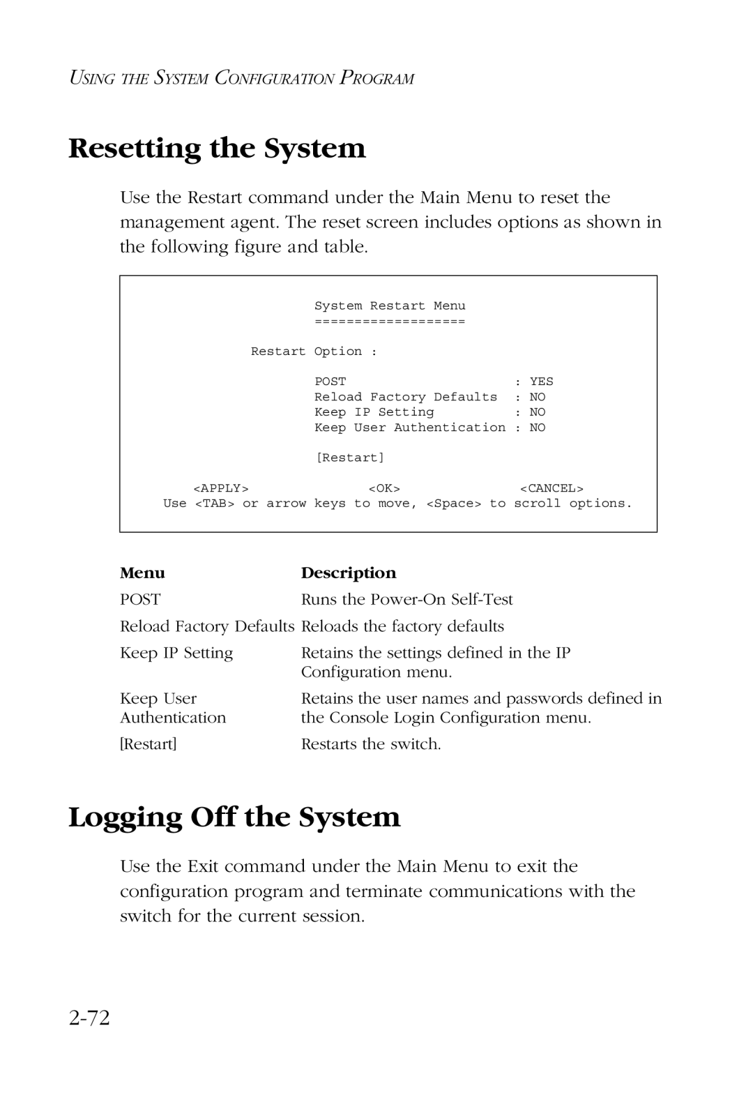 SMC Networks SMC6924VF manual Resetting the System, Logging Off the System 