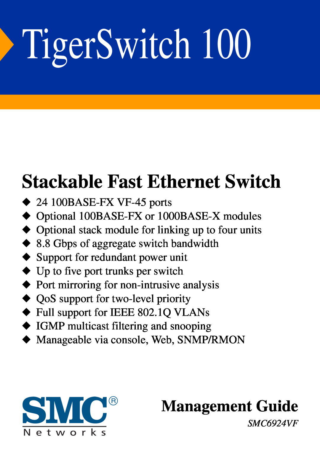 SMC Networks SMC6924VF manual Stackable Fast Ethernet Switch, TigerSwitch, Management Guide 
