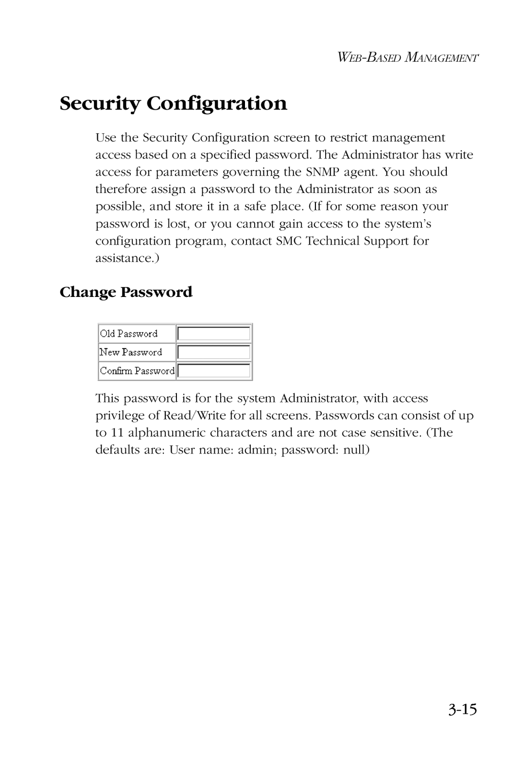 SMC Networks SMC6924VF manual Security Configuration, Change Password, 3-15 