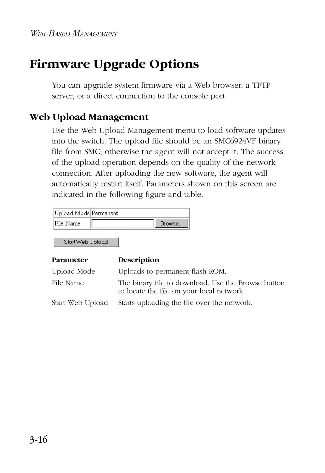SMC Networks SMC6924VF manual Firmware Upgrade Options, Web Upload Management, 3-16 