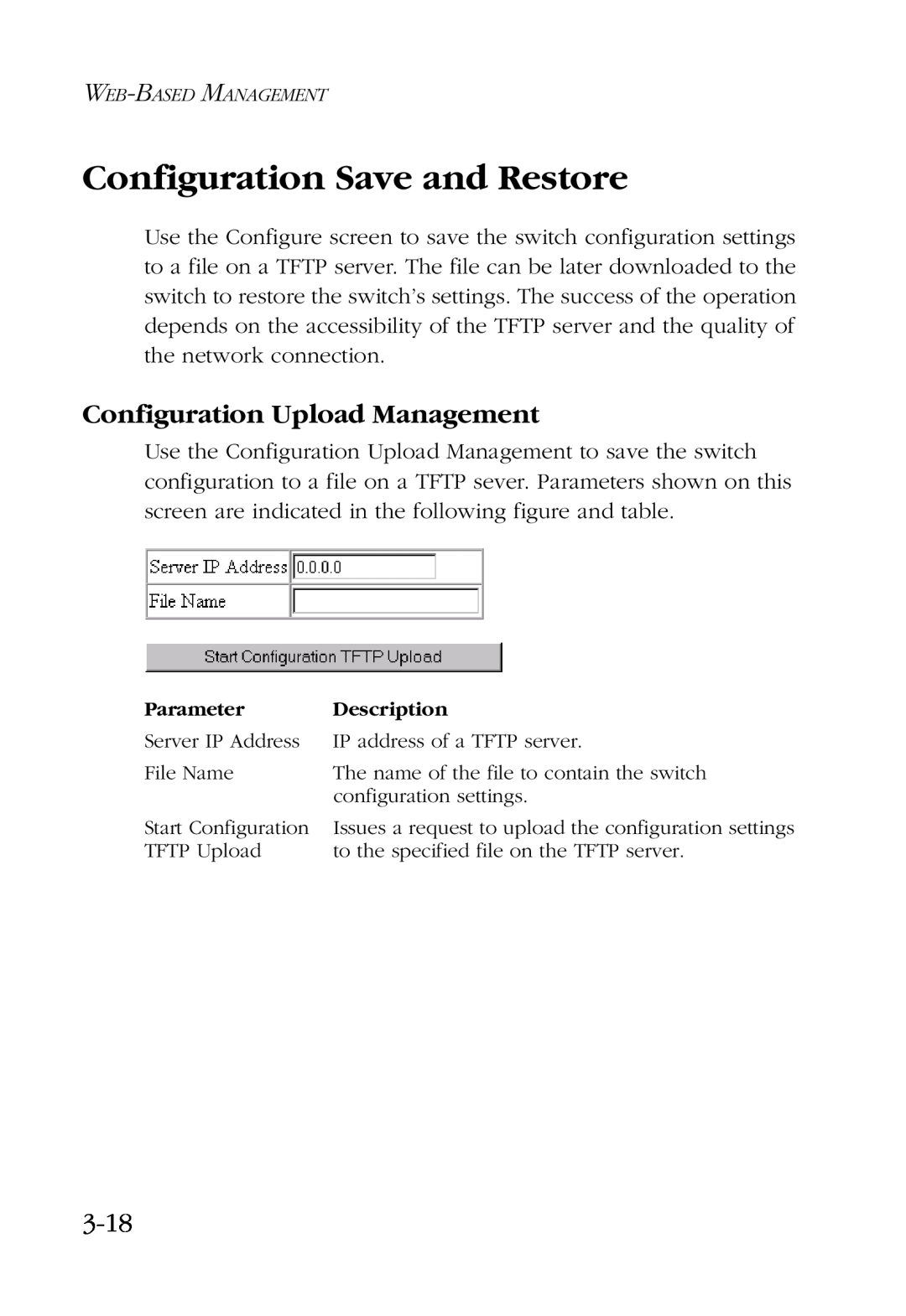 SMC Networks SMC6924VF manual Configuration Save and Restore, Configuration Upload Management, 3-18 