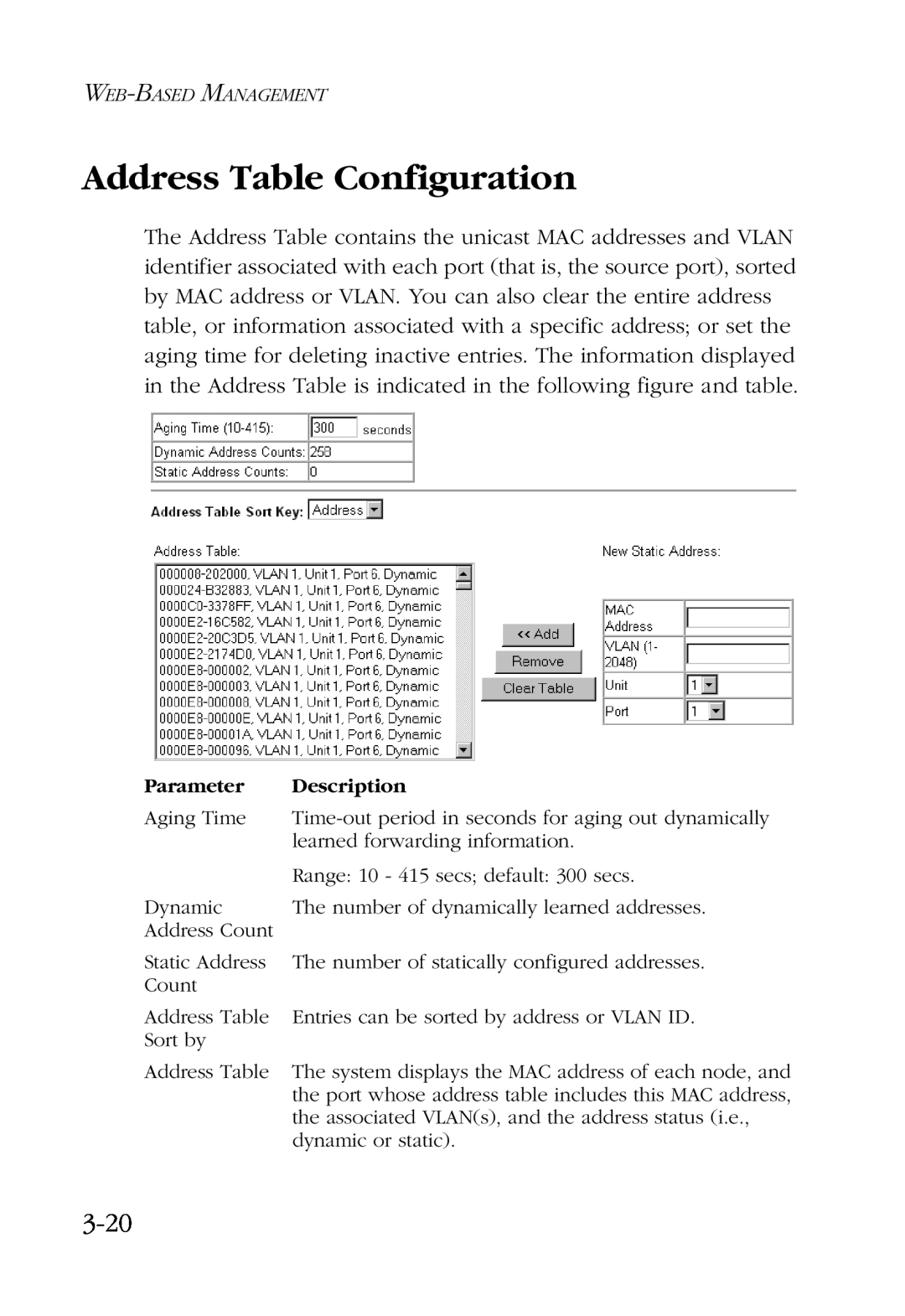 SMC Networks SMC6924VF manual Address Table Configuration, 3-20 