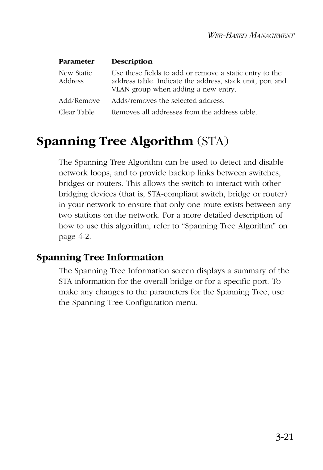 SMC Networks SMC6924VF manual Spanning Tree Algorithm STA, Spanning Tree Information, 3-21 