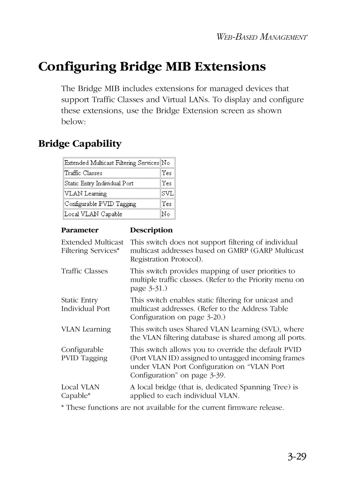 SMC Networks SMC6924VF manual Configuring Bridge MIB Extensions, Bridge Capability, 3-29 