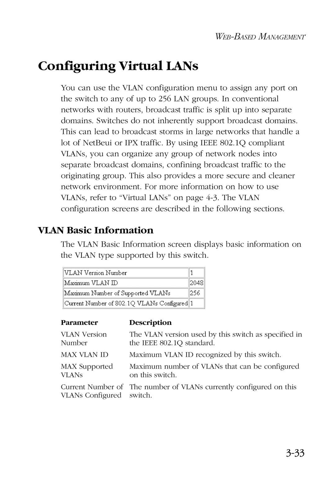 SMC Networks SMC6924VF manual Configuring Virtual LANs, VLAN Basic Information, 3-33 