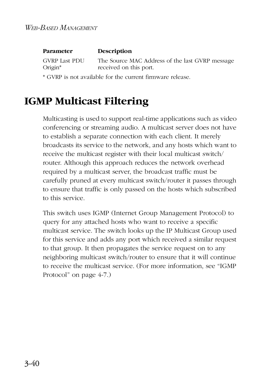 SMC Networks SMC6924VF manual IGMP Multicast Filtering, 3-40, GVRP is not available for the current firmware release 