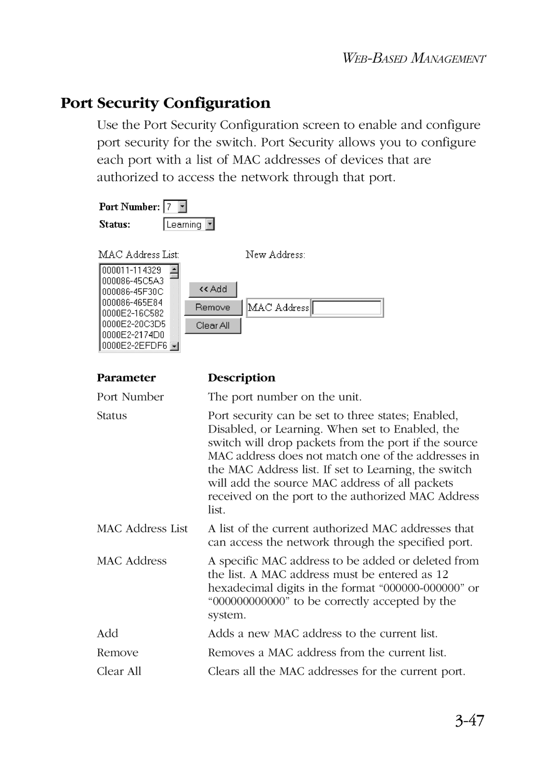 SMC Networks SMC6924VF manual Port Security Configuration, 3-47, Parameter, Description 