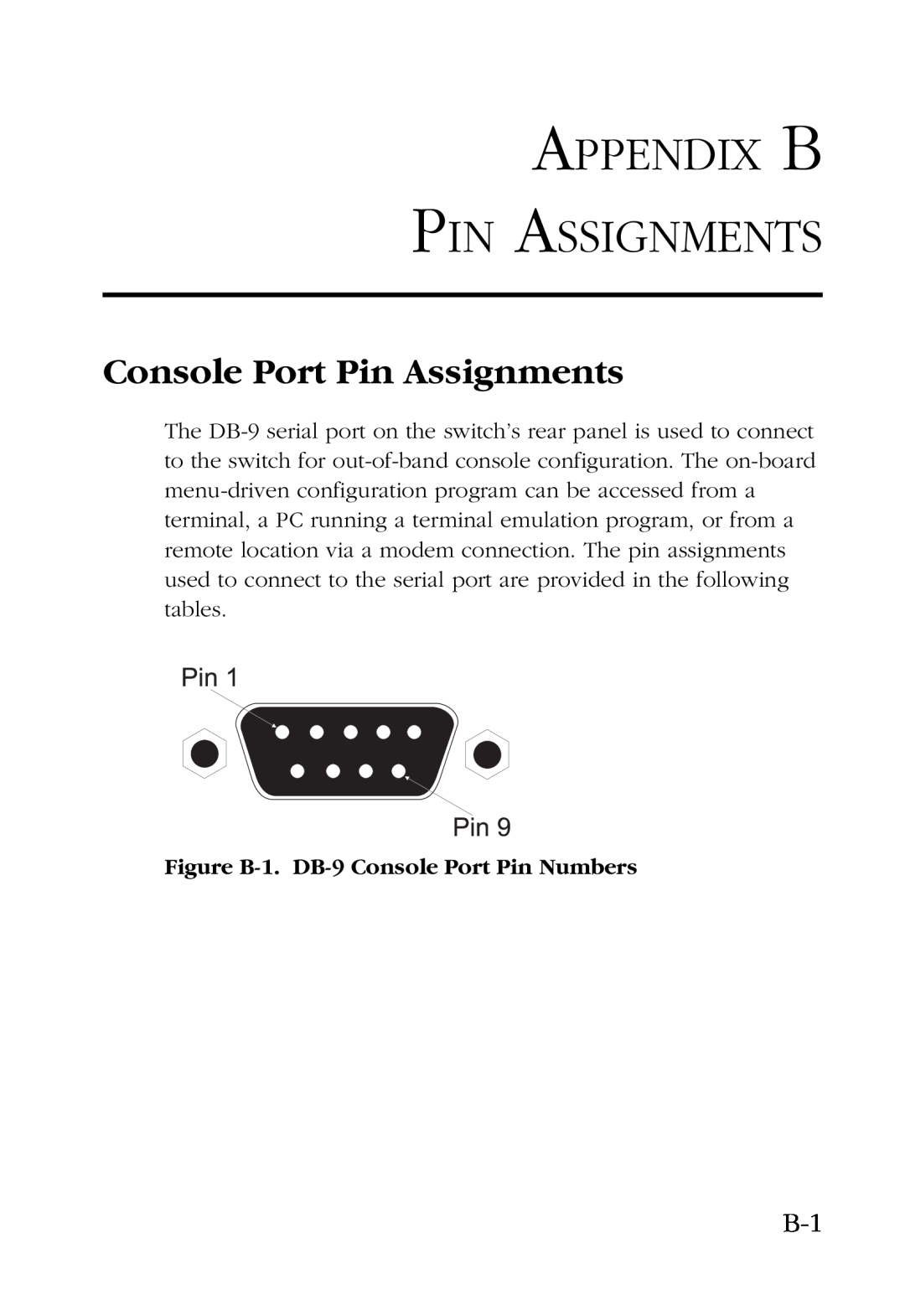SMC Networks SMC6924VF Appendix B Pin Assignments, Console Port Pin Assignments, Figure B-1. DB-9 Console Port Pin Numbers 